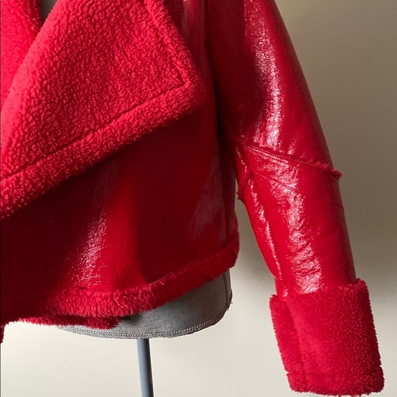 Fleece Lined Shiny Pleather Women's Red Faux Shearling Jacket - Picture 3 of 16